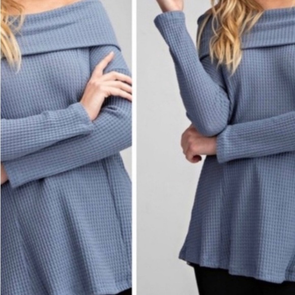 Waffle Knit Off Shoulder Top Blue Denim Sweater - Picture 8 of 8